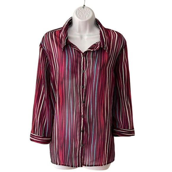 Attention Plus Tops - Attention Plus Women's 1X Striped Button-Up Blouse Multicolor 3/4 Sleeve